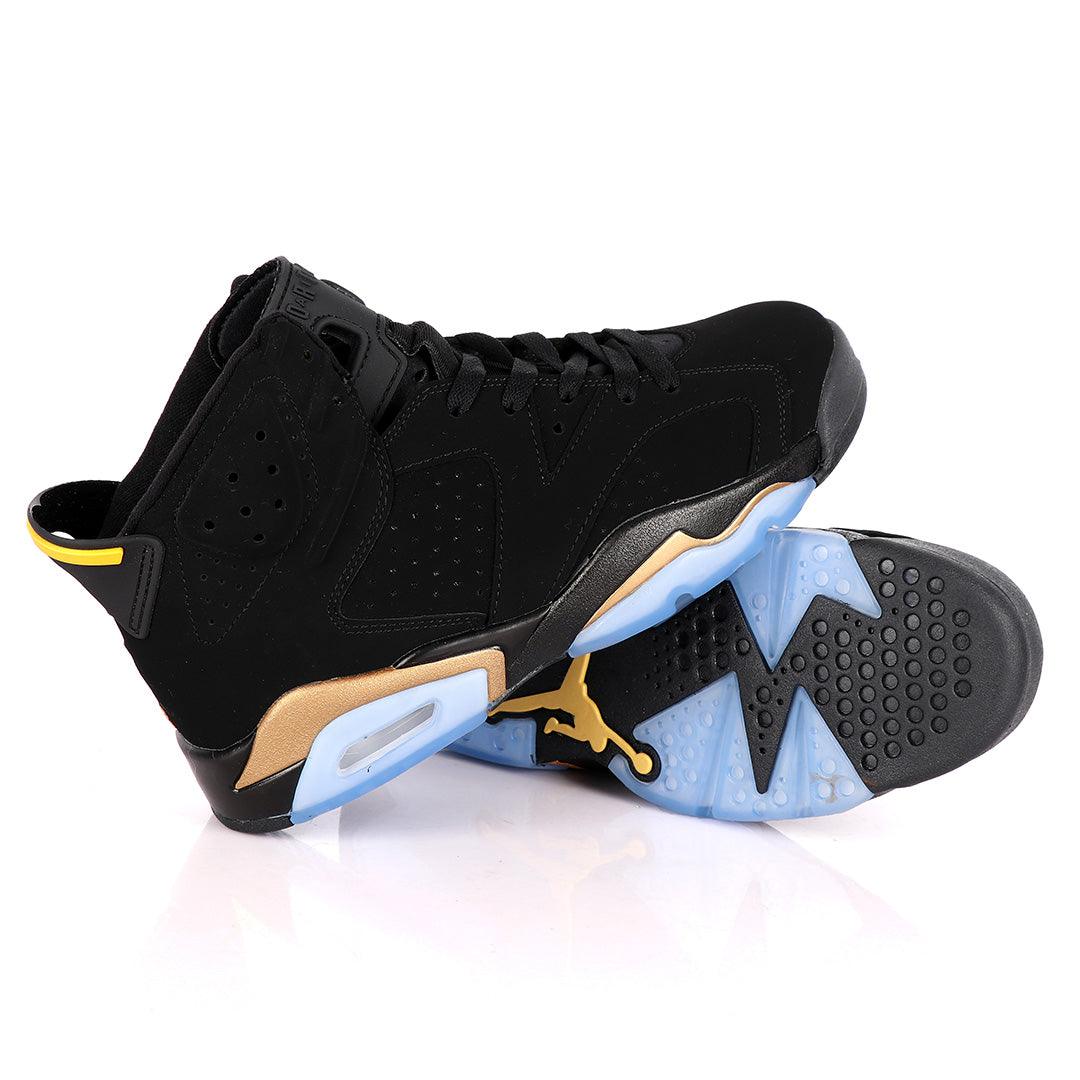 Original Air Jordan 6 Retro Black Suede Sneakers With Classic Gold And Blue Designs - Obeezi