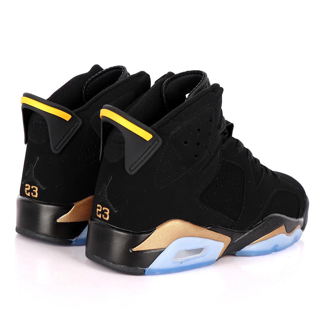 Original Air Jordan 6 Retro Black Suede Sneakers With Classic Gold And Blue Designs - Obeezi