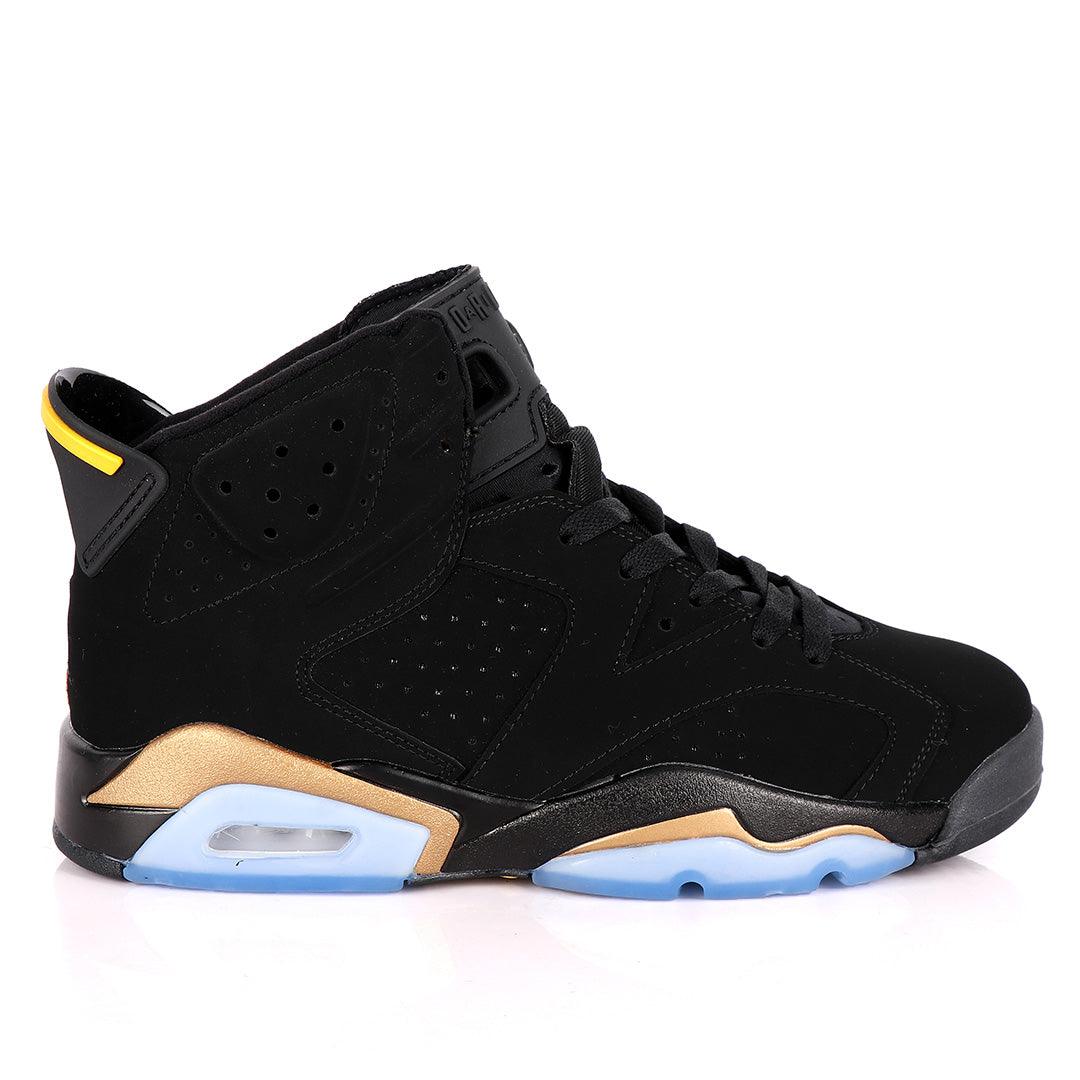 Original Air Jordan 6 Retro Black Suede Sneakers With Classic Gold And Blue Designs - Obeezi
