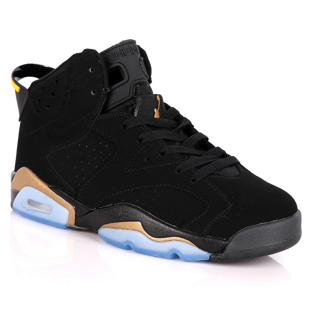 Original Air Jordan 6 Retro Black Suede Sneakers With Classic Gold And Blue Designs - Obeezi