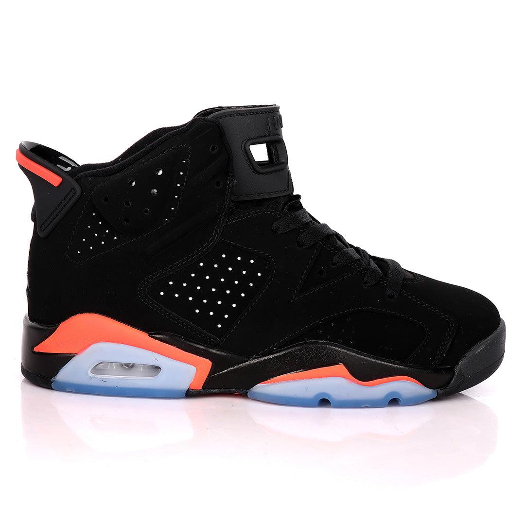 Original Air Jordan 6 Retro Black Suede Sneakers With Orange And Blue Designs - Obeezi