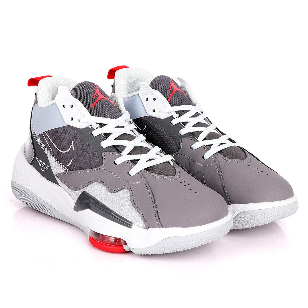 Original Air Jordan Zoom Grey And White Sneakers With Classic Red Designs - Obeezi