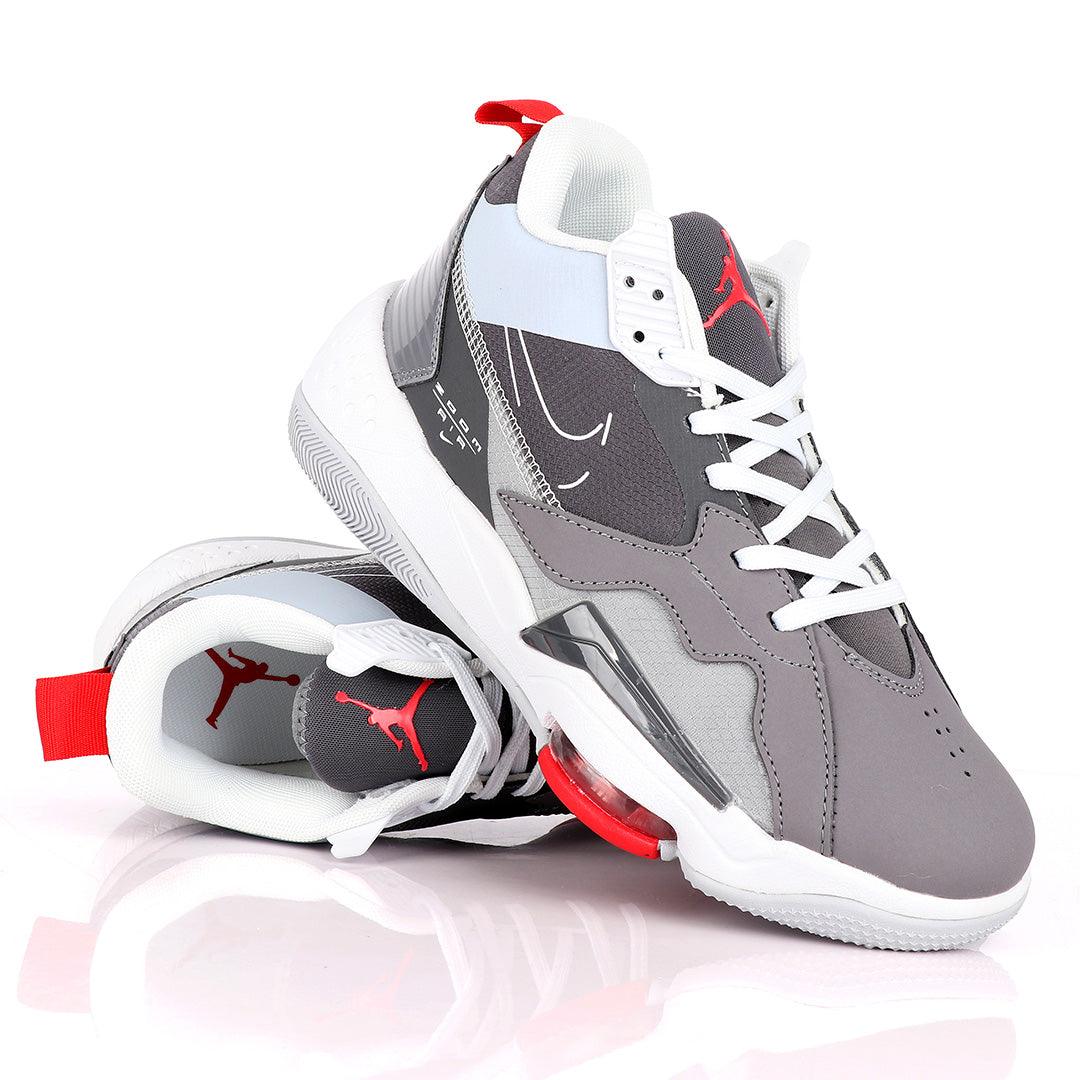 Original Air Jordan Zoom Grey And White Sneakers With Classic Red Designs - Obeezi