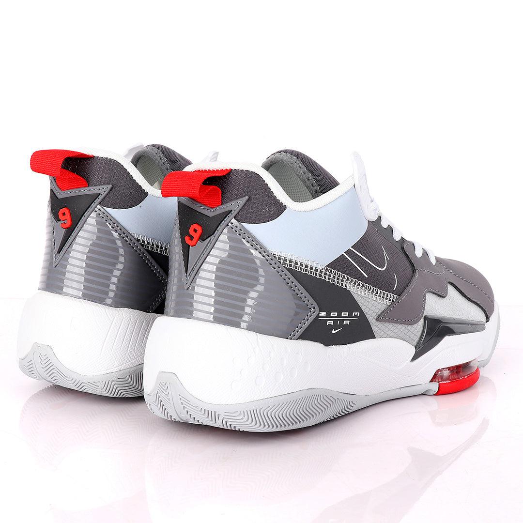 Original Air Jordan Zoom Grey And White Sneakers With Classic Red Designs - Obeezi