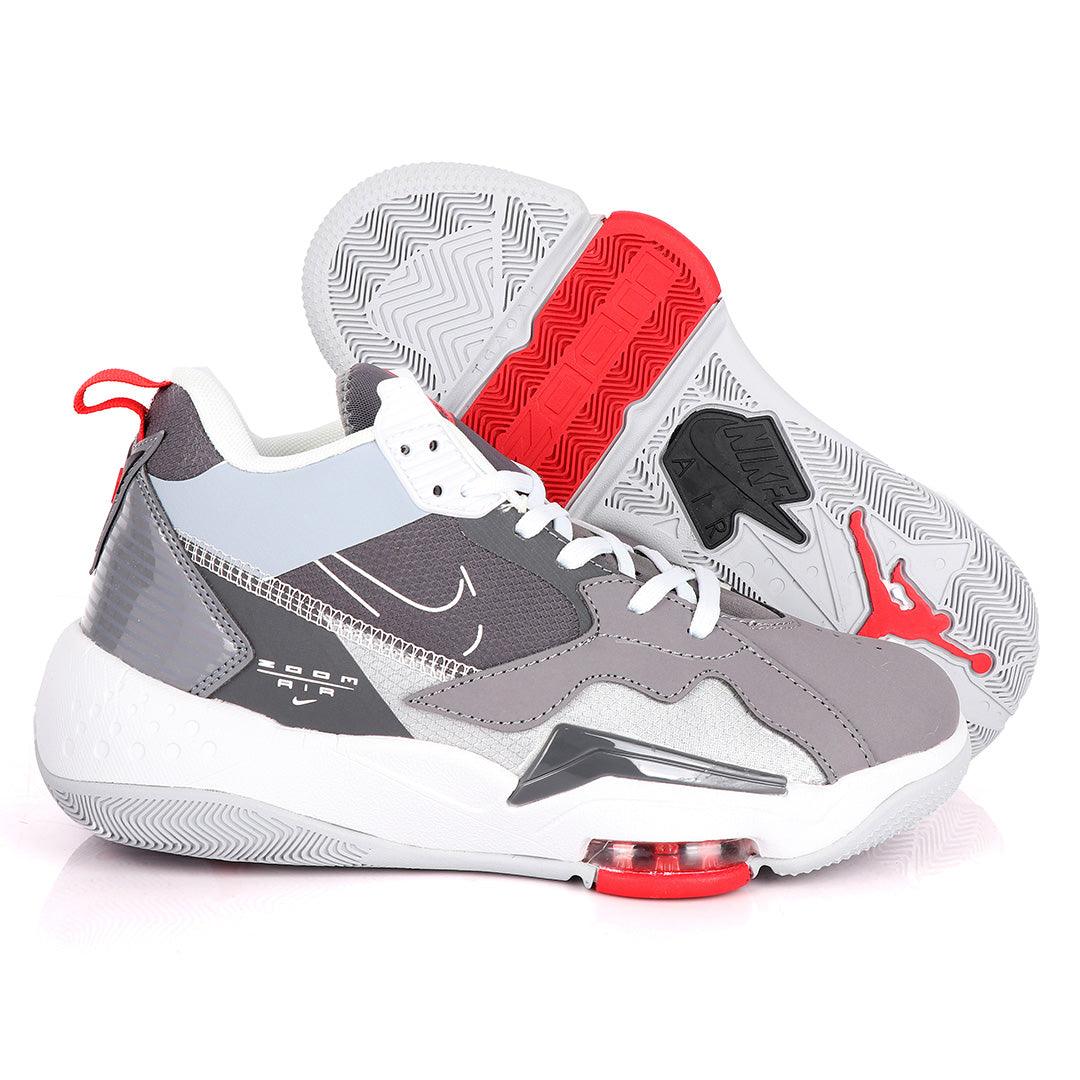 Original Air Jordan Zoom Grey And White Sneakers With Classic Red Designs - Obeezi