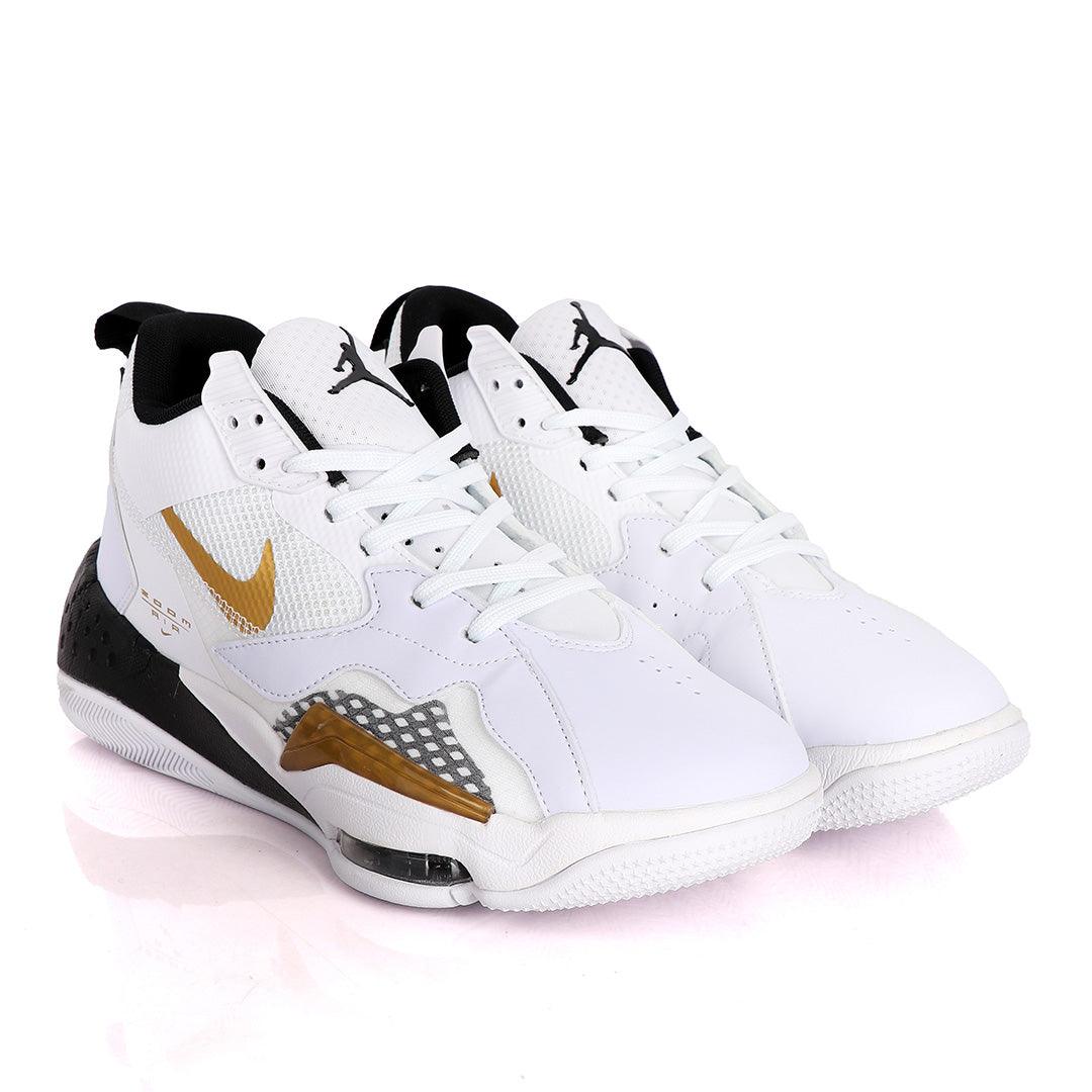 Original Air Jordan Zoom White Sneakers With Black And Classic Gold Logo Design - Obeezi