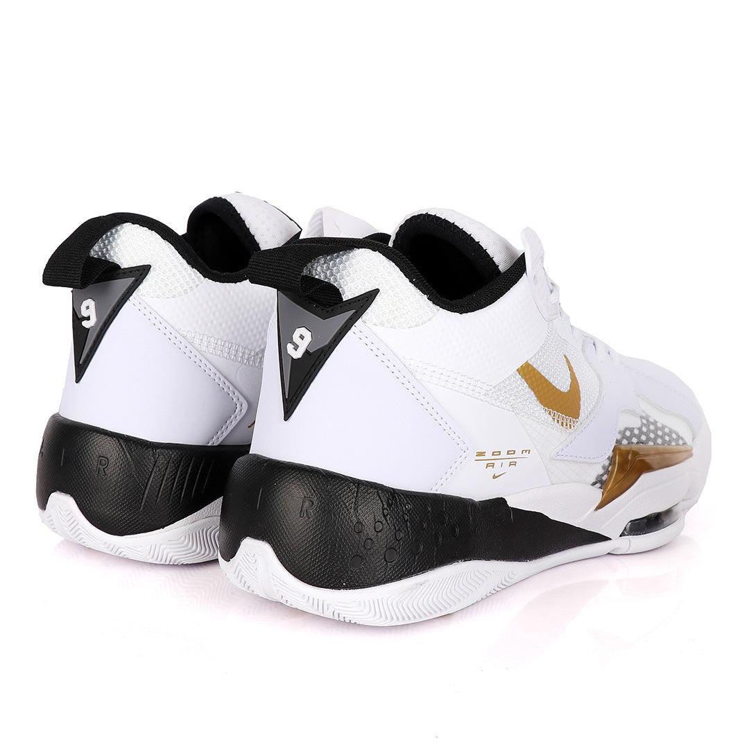 Original Air Jordan Zoom White Sneakers With Black And Classic Gold Logo Design - Obeezi