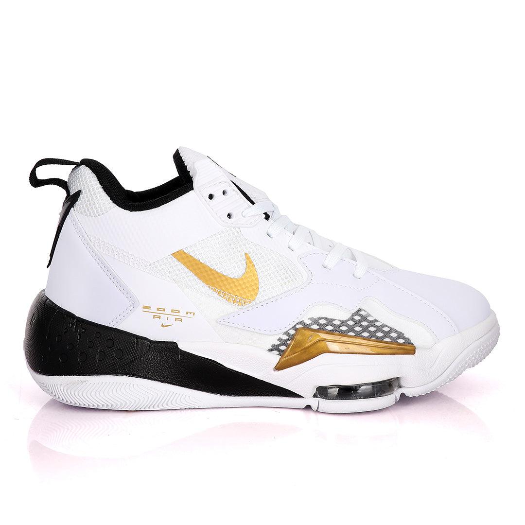 Original Air Jordan Zoom White Sneakers With Black And Classic Gold Logo Design - Obeezi