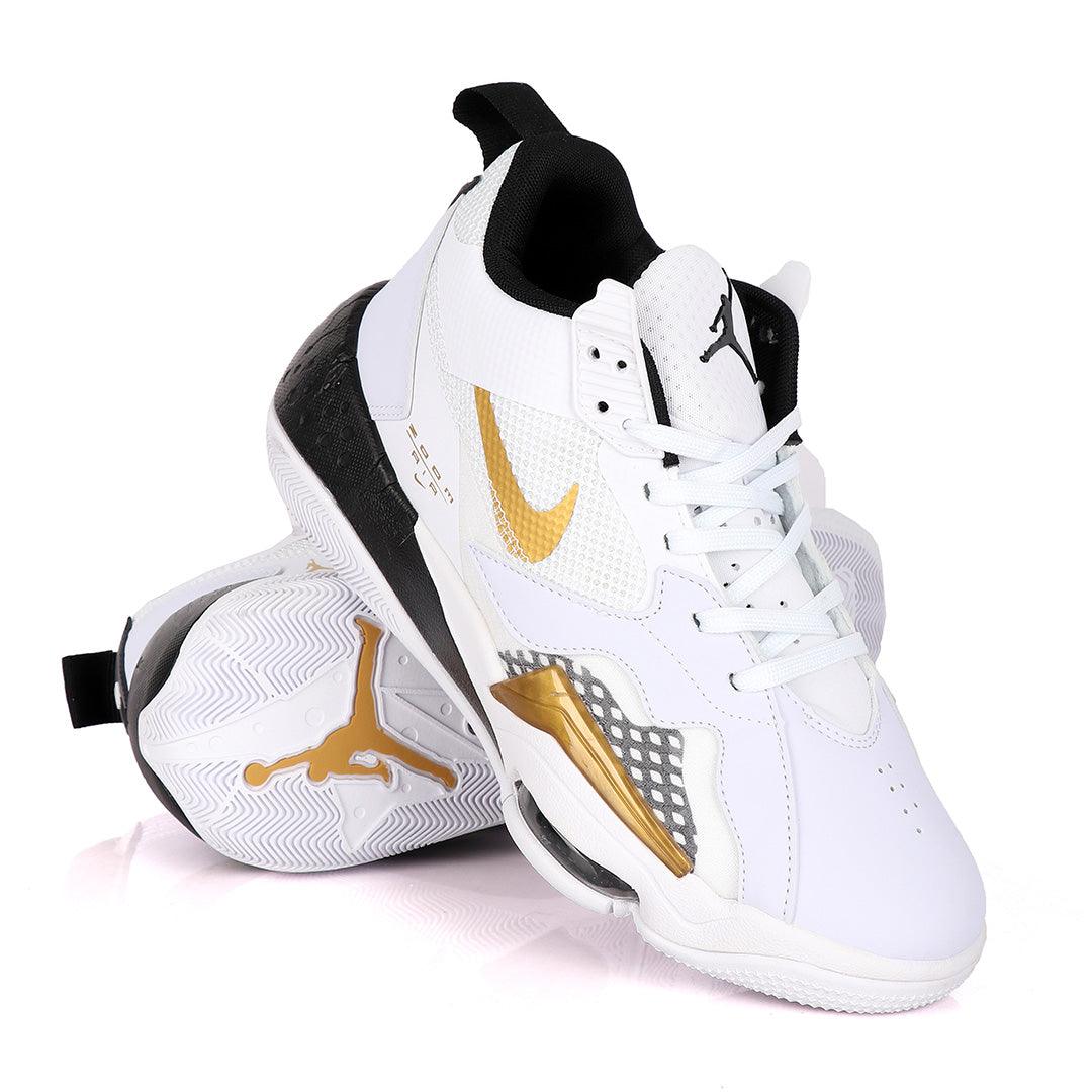 Original Air Jordan Zoom White Sneakers With Black And Classic Gold Logo Design - Obeezi
