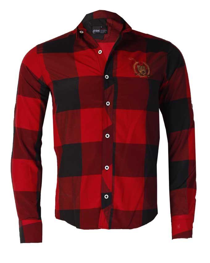 OSM Checkered Design With Crested Logo Men's Long Sleeve Shirt|Red, Black - Obeezi