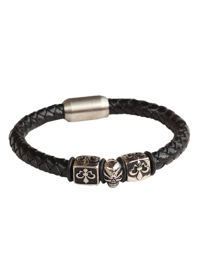 PalmBeach Black Sliver Skull Leather Bracelet in Stainless - Obeezi.com