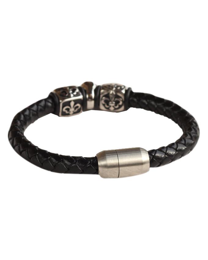 PalmBeach Black Sliver Skull Leather Bracelet in Stainless - Obeezi.com