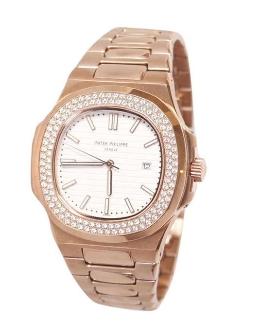 PATEK PHILIPPE Nautilus White Dial Rose Gold Crystal Stone Automatic Men's Watch - Obeezi.com