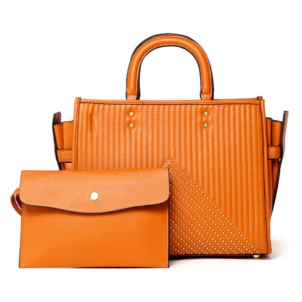 Pelletini 2-in-1 Triangle Stud Genuine Leather Handbag Brown - Obeezi.com