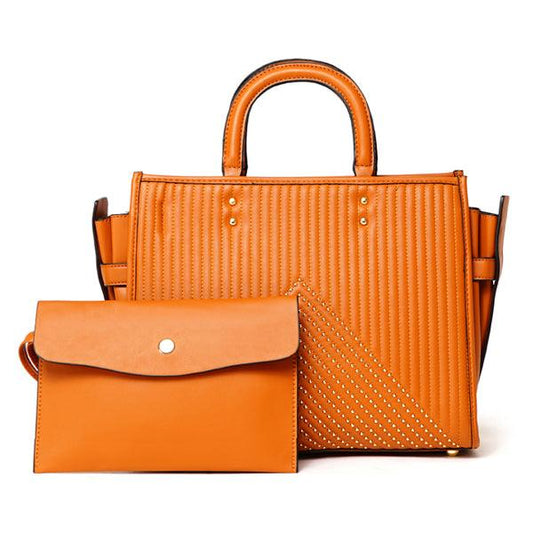 Pelletini 2-in-1 Triangle Stud Genuine Leather Handbag Brown - Obeezi.com