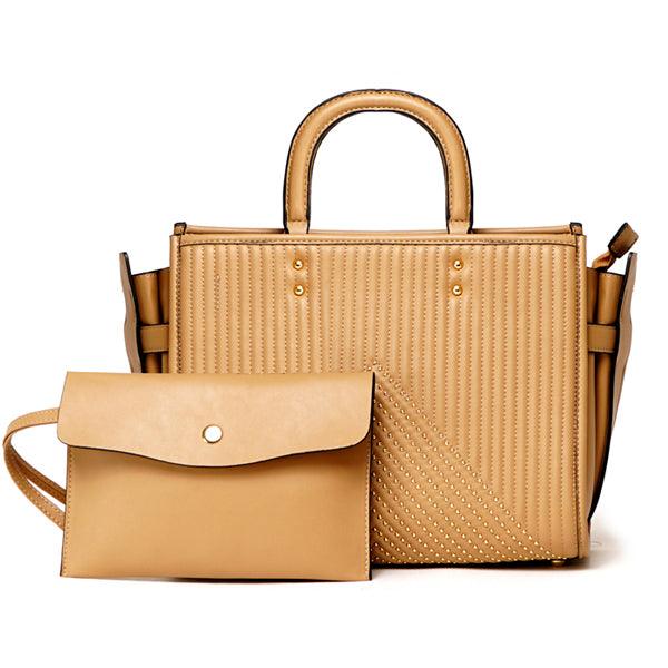 Pelletini 2-in-1 Triangle Stud Genuine Leather Handbag Khaki - Obeezi.com