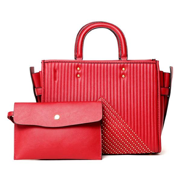 Pelletini 2-in-1 Triangle Stud Genuine Leather Handbag Red - Obeezi.com
