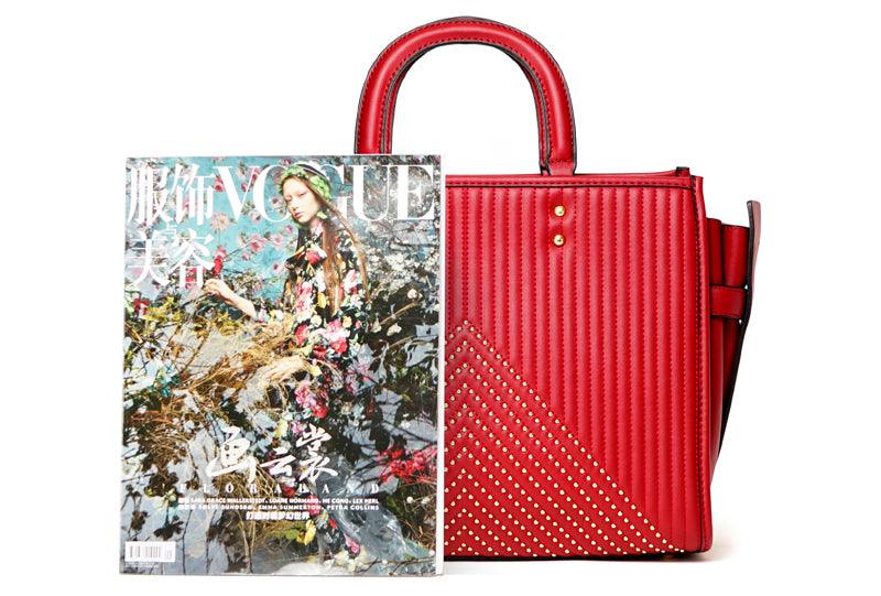 Pelletini 2-in-1 Triangle Stud Genuine Leather Handbag Red - Obeezi.com