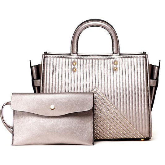 Pelletini 2-in-1 Triangle Stud Genuine Leather Handbag Silver - Obeezi.com