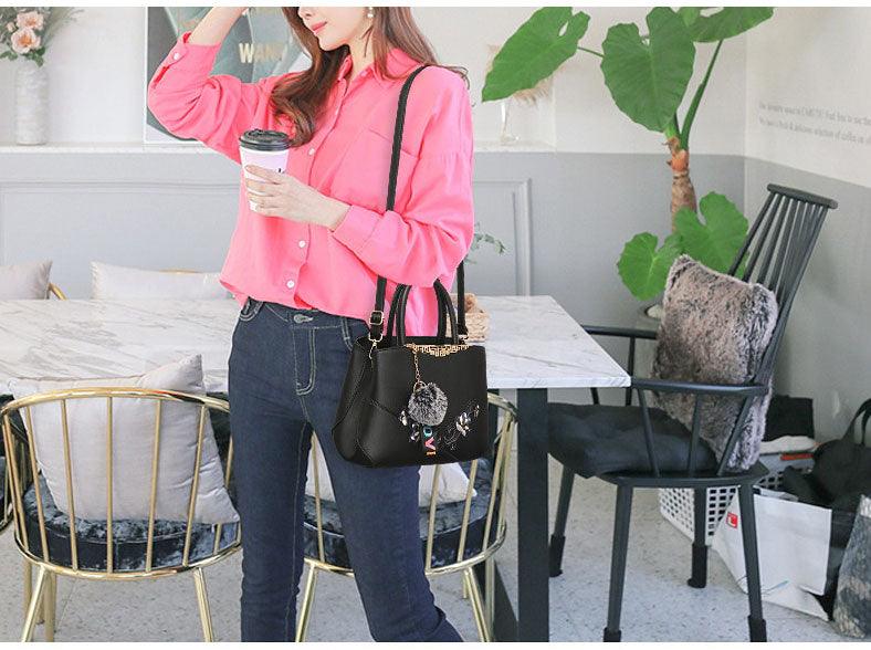 Pink Black French Fur Cham Shape Tote Handbag - Obeezi.com