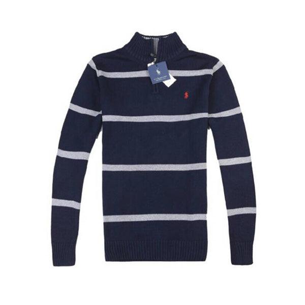 Polo Ralph Striped Zipped Pima Crewneck Cardigan - Navy Blue/grey - Obeezi