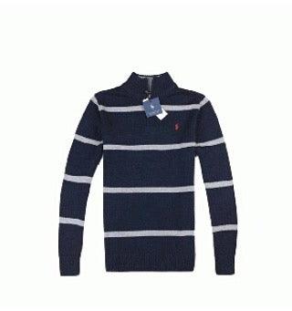 Polo Ralph Striped Zipped Pima Crewneck Cardigan - Navy Blue/grey - Obeezi