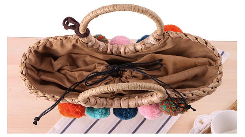 Pom Pom Woven Straw Basket Bag -Multi Color - Obeezi.com