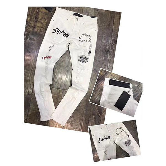 PP color patch high-waisted straight-fit White jeans - Obeezi
