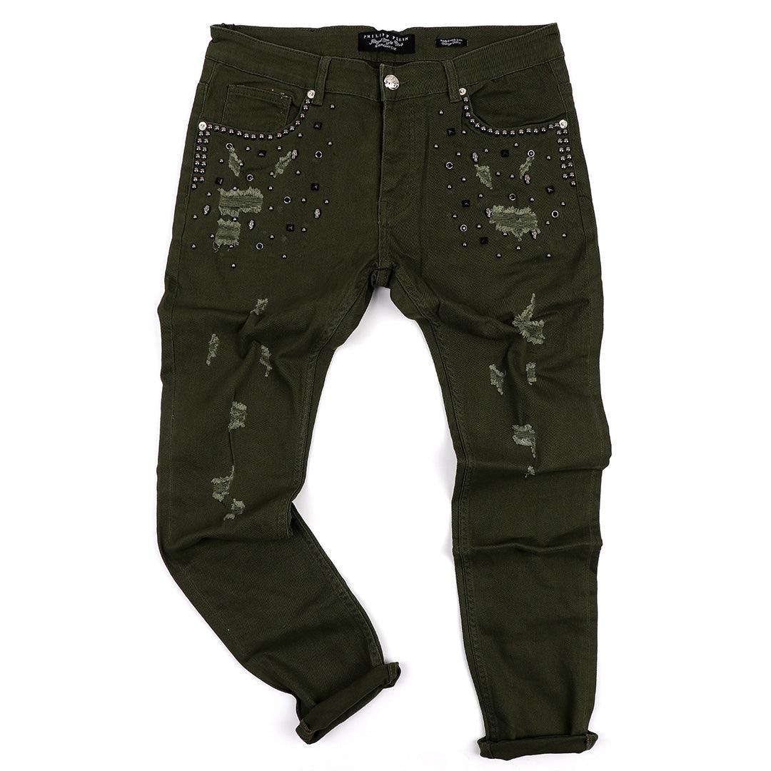 PP Men's Flex Straight Cut Stoned Distressed Jeans- Green - Obeezi.com