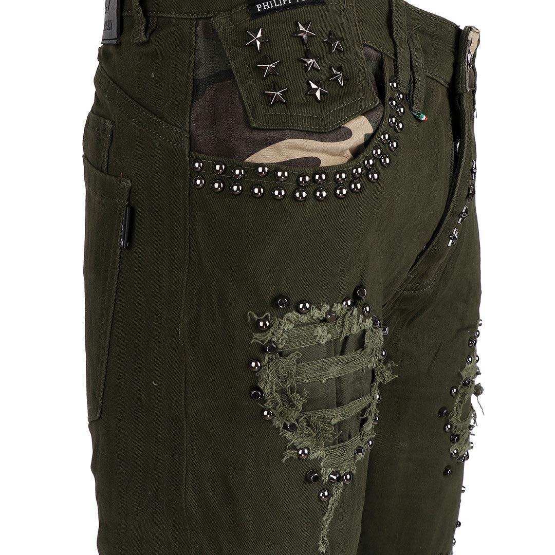 PP Men's Straight Cut Camo Inspired Distressed Jeans- Green - Obeezi.com