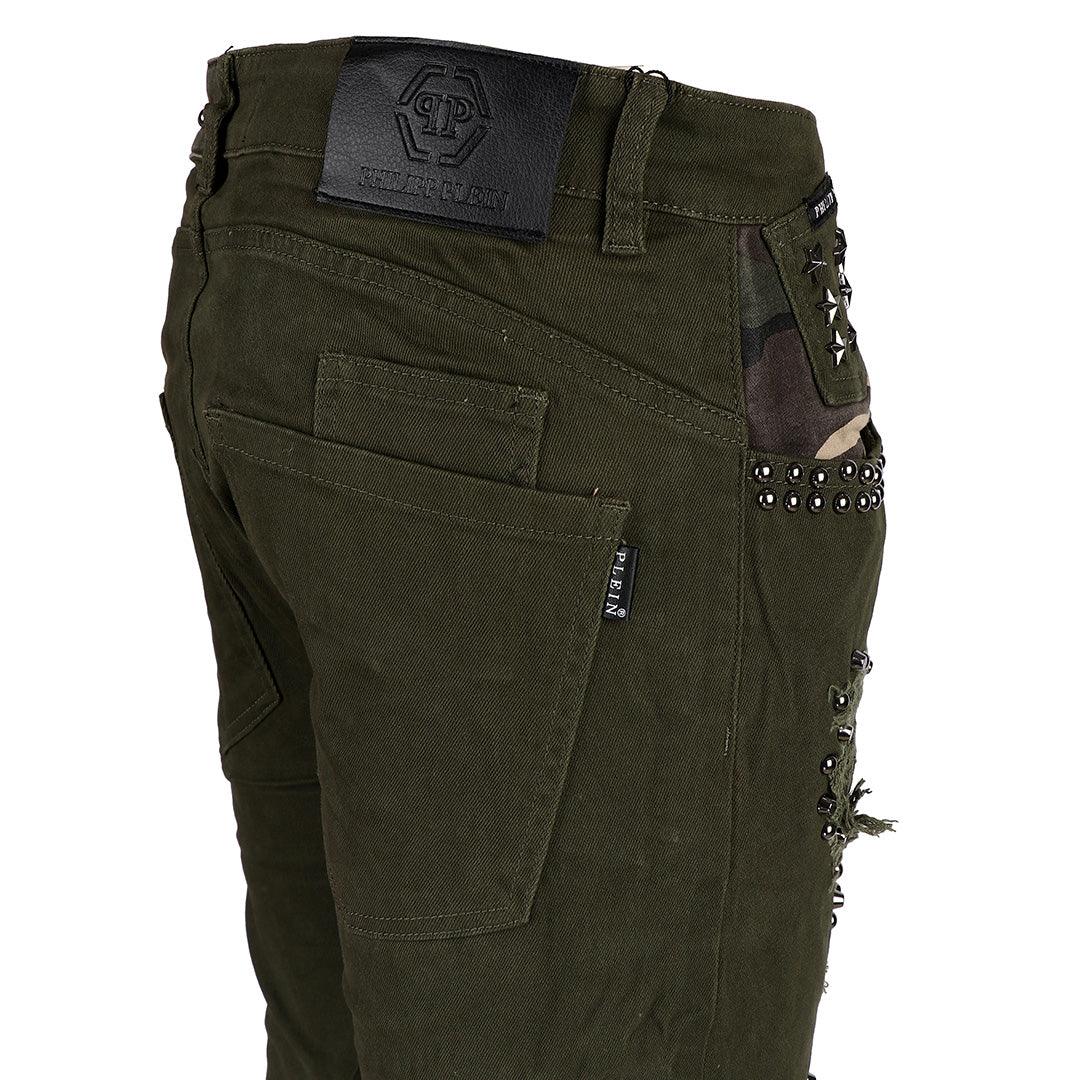 PP Men's Straight Cut Camo Inspired Distressed Jeans- Green - Obeezi.com