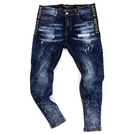 PP Men's Straight Cut Logo Crested Ripped Jeans- Blue - Obeezi.com