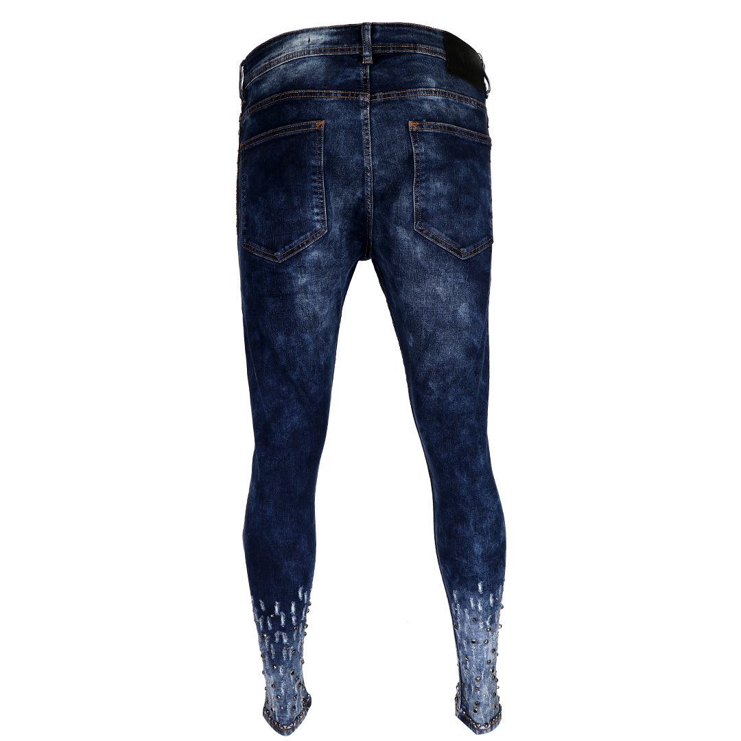 PP Men's Straight Cut Logo Crested Ripped Jeans- Blue - Obeezi.com