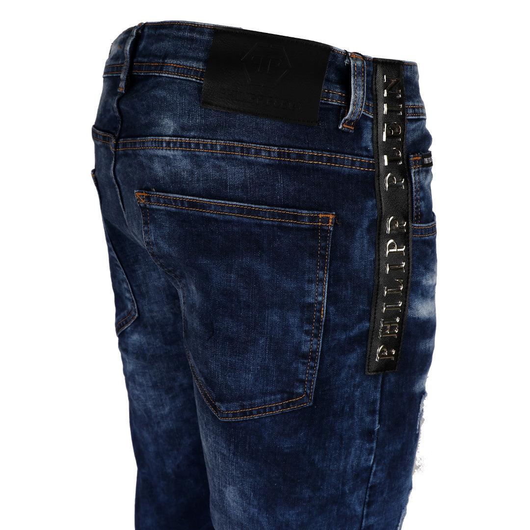 PP Men's Straight Cut Logo Crested Ripped Jeans- Blue - Obeezi.com