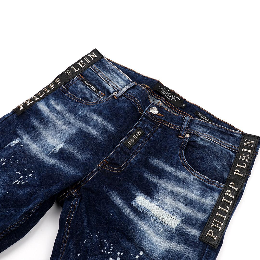 PP Men's Straight Cut Logo Crested Ripped Jeans- Blue - Obeezi.com