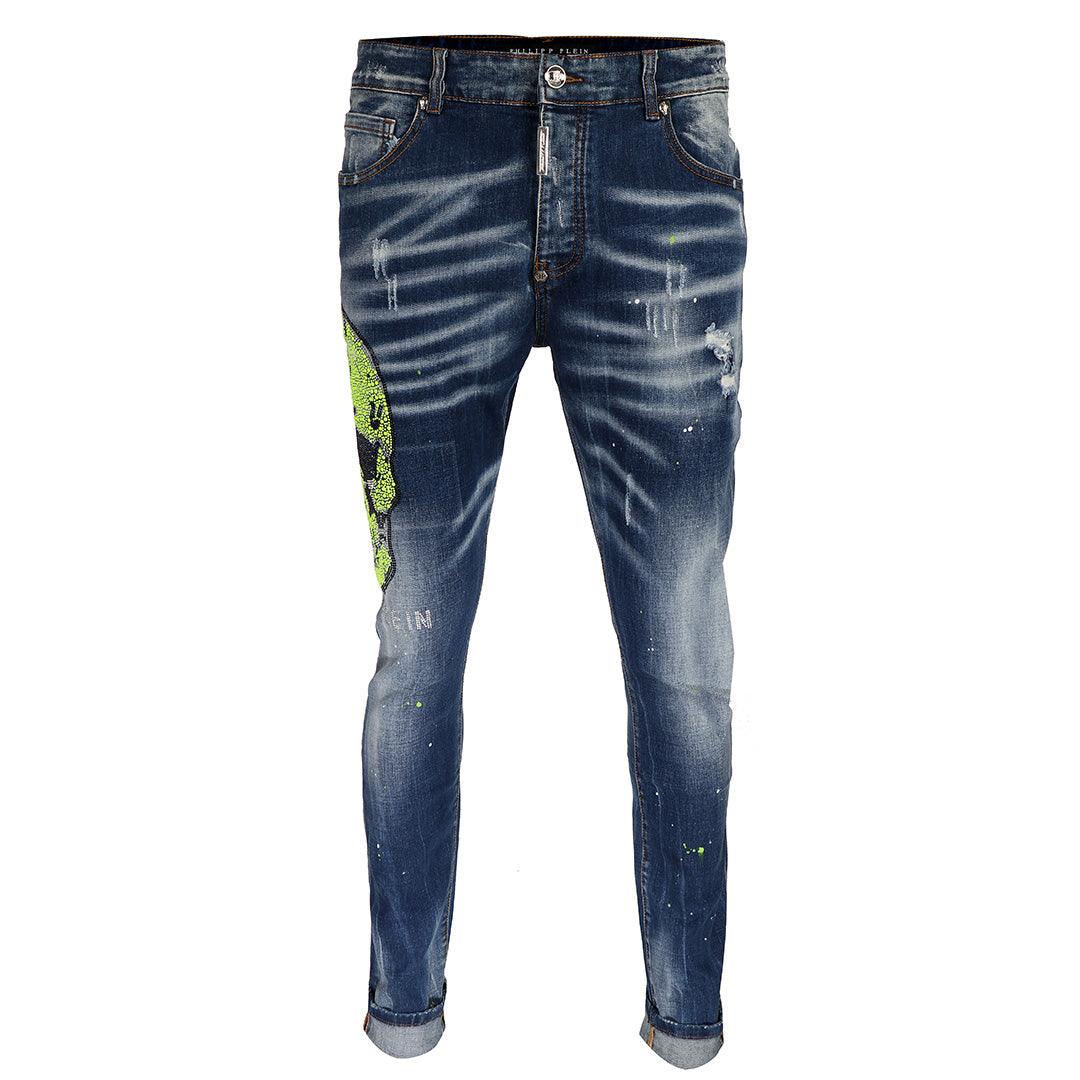 PP Men's Straight Cut Rhinestone Green Glittered Skull Jeans- Blue - Obeezi.com
