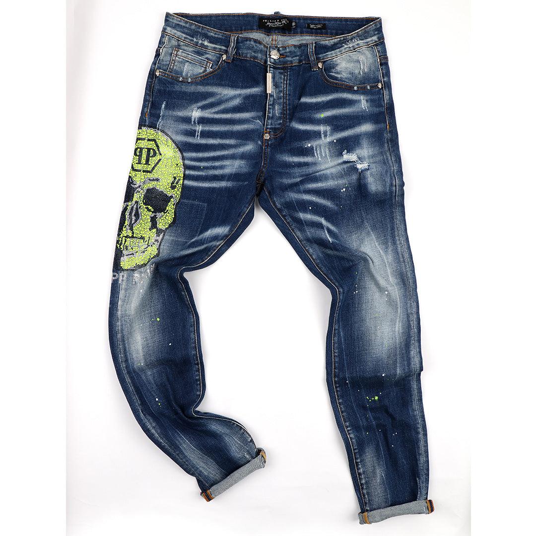 PP Men's Straight Cut Rhinestone Green Glittered Skull Jeans- Blue - Obeezi.com