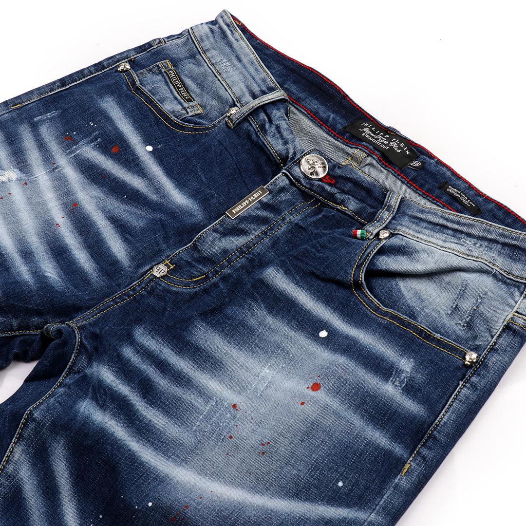 PP Men's Straight Cut Rhinestone Red Glittered Skull Jeans- Blue - Obeezi.com