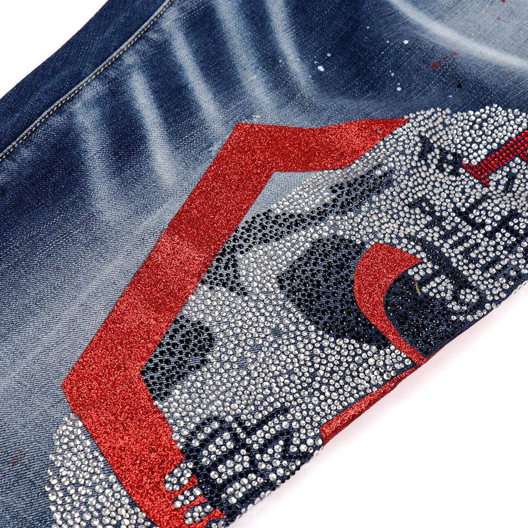 PP Men's Straight Cut Rhinestone Red Glittered Skull Jeans- Blue - Obeezi.com