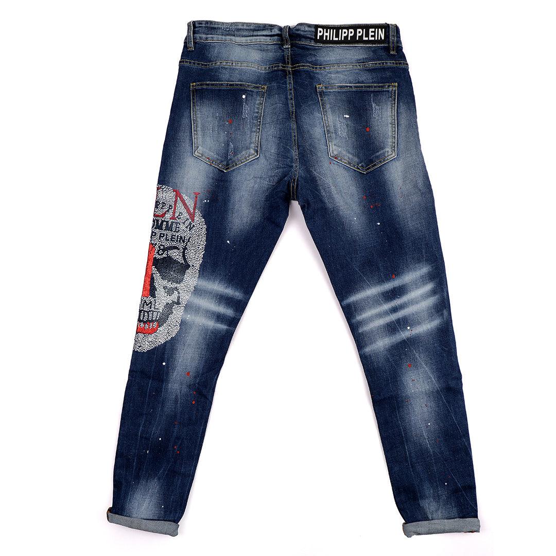 PP Men's Straight Cut Rhinestone Red Glittered Skull Jeans- Blue - Obeezi.com