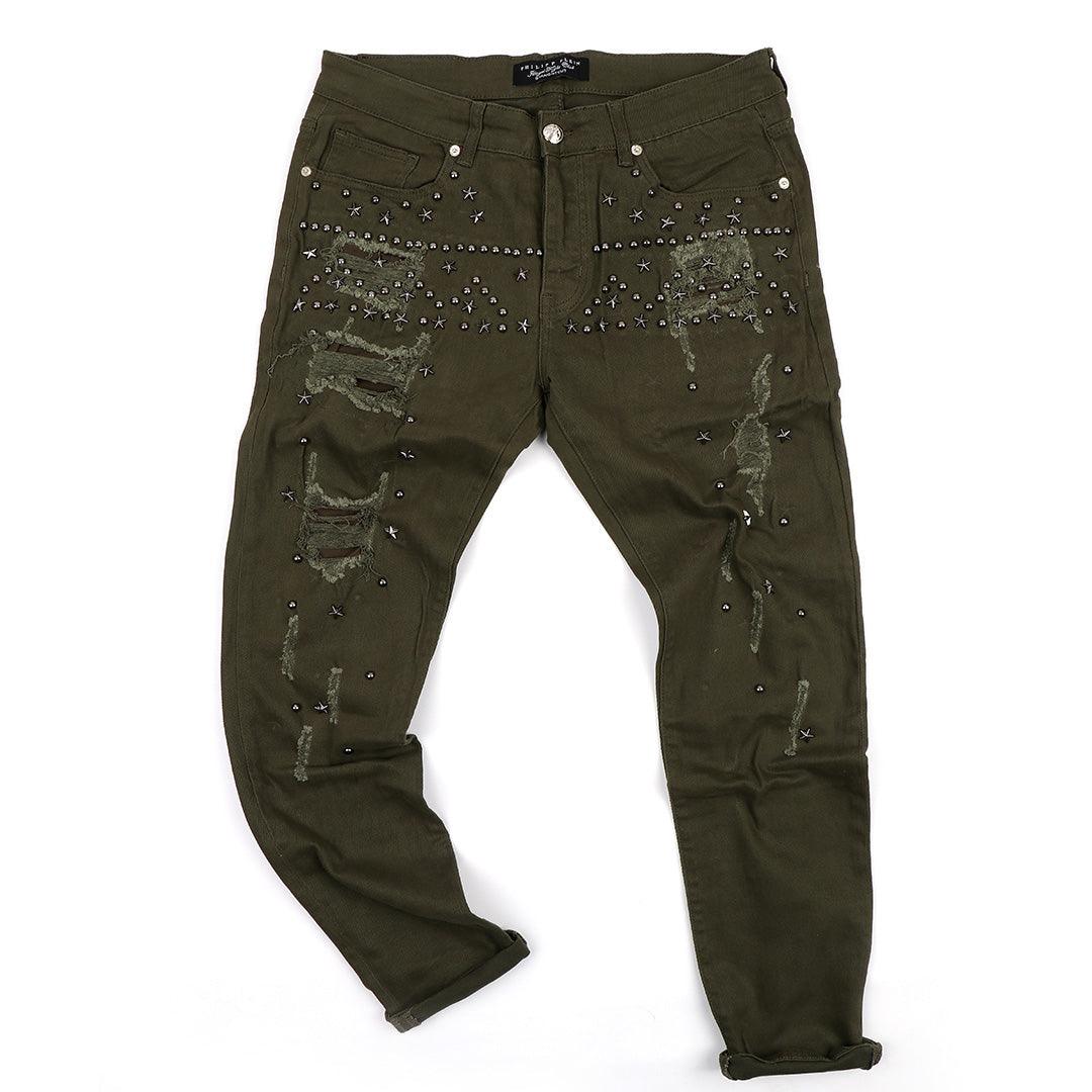 PP Men's Straight Cut Star Stoned Distressed Jeans- Green - Obeezi.com