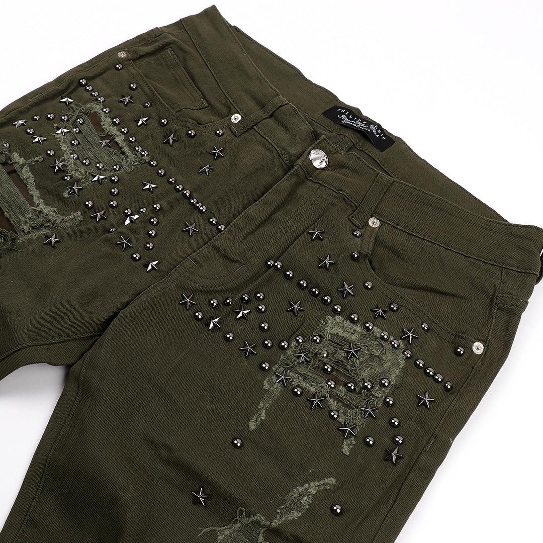 PP Men's Straight Cut Star Stoned Distressed Jeans- Green - Obeezi.com