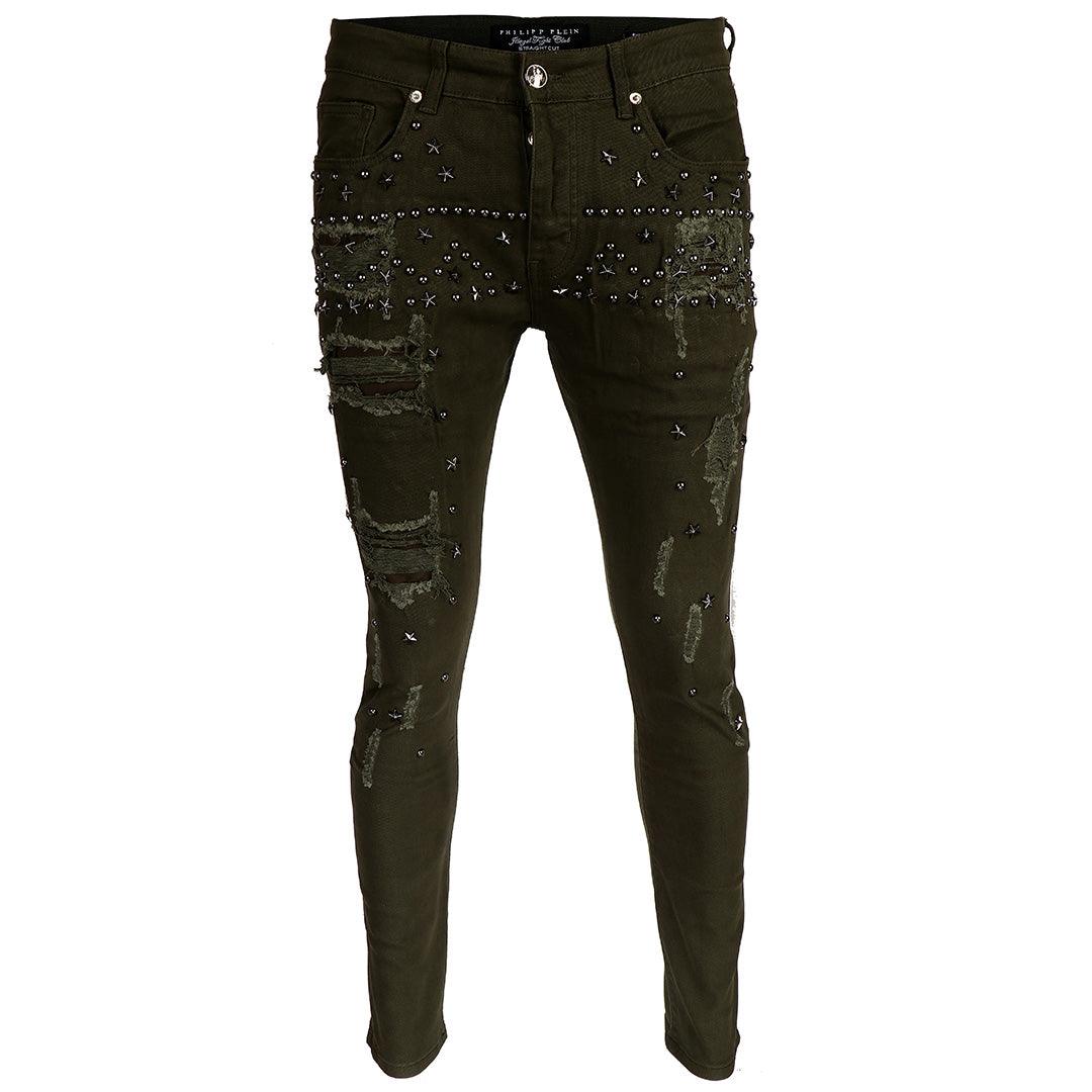 PP Men's Straight Cut Star Stoned Distressed Jeans- Green - Obeezi.com