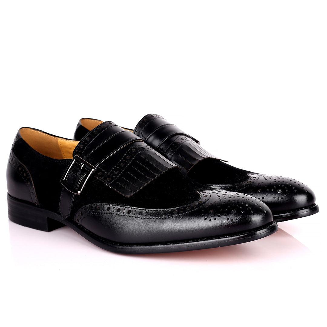 Prad Elegant Fringe Brogue And Suede Designed Leather Shoe - Black - Obeezi.com