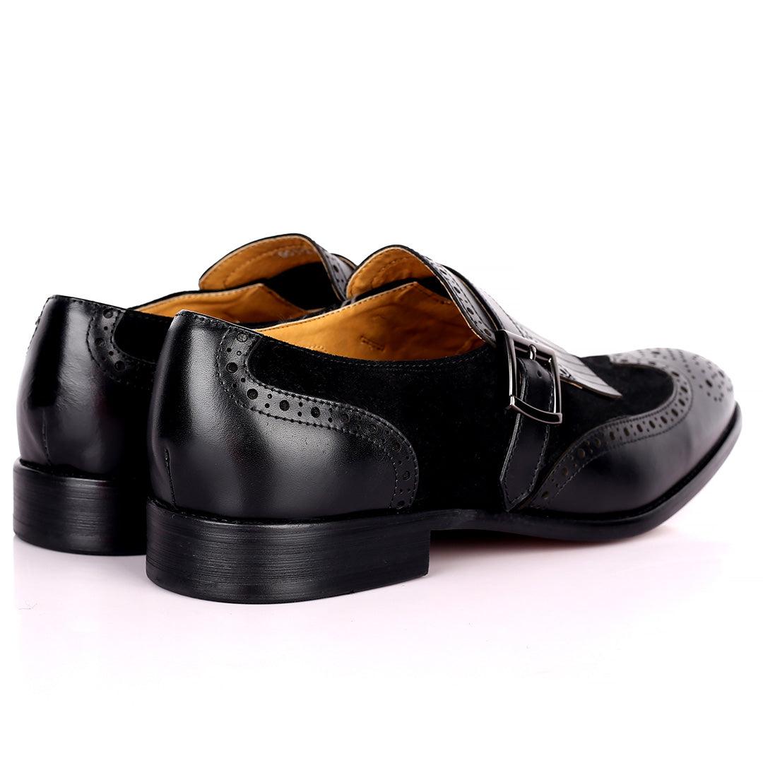 Prad Elegant Fringe Brogue And Suede Designed Leather Shoe - Black - Obeezi.com