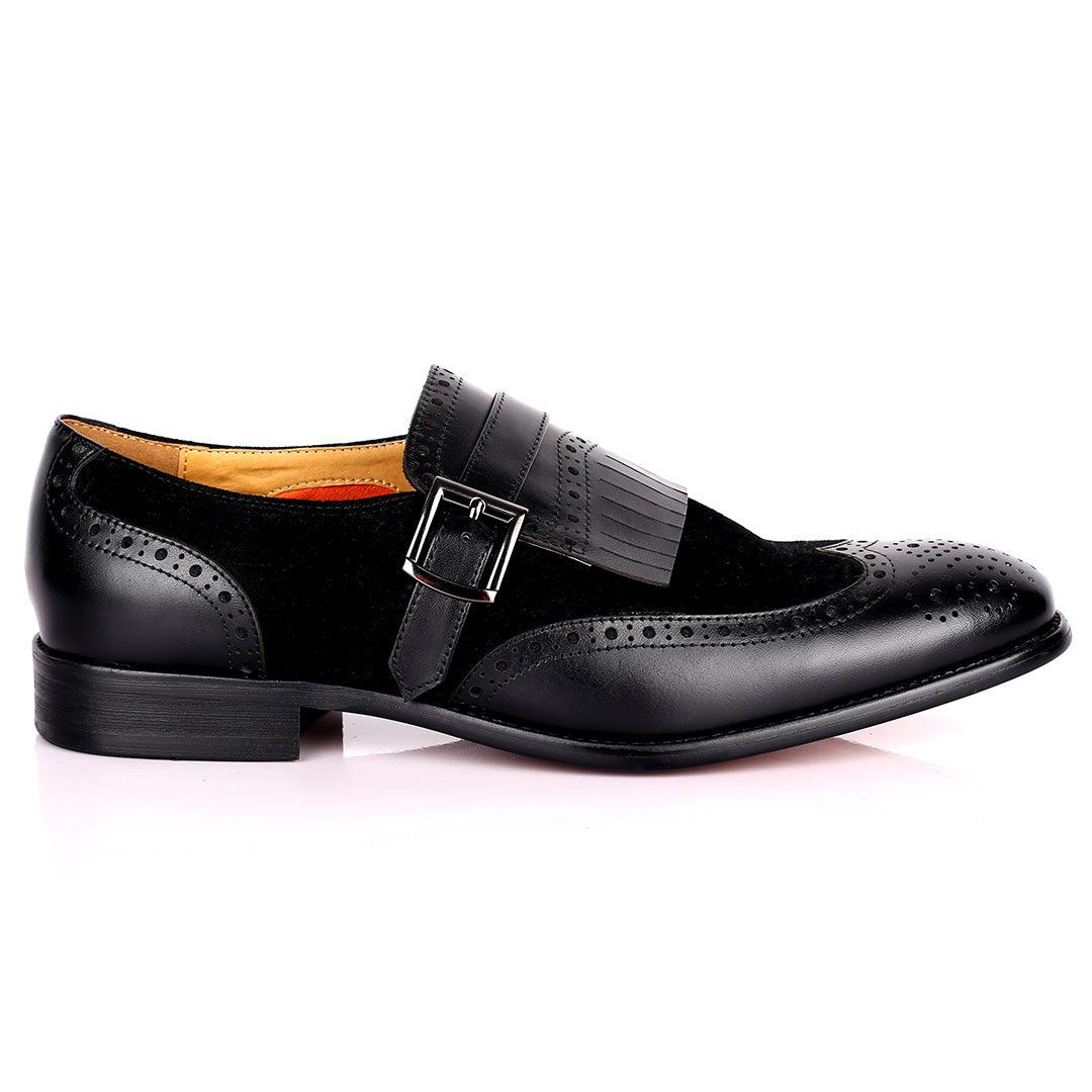 Prad Elegant Fringe Brogue And Suede Designed Leather Shoe - Black - Obeezi.com