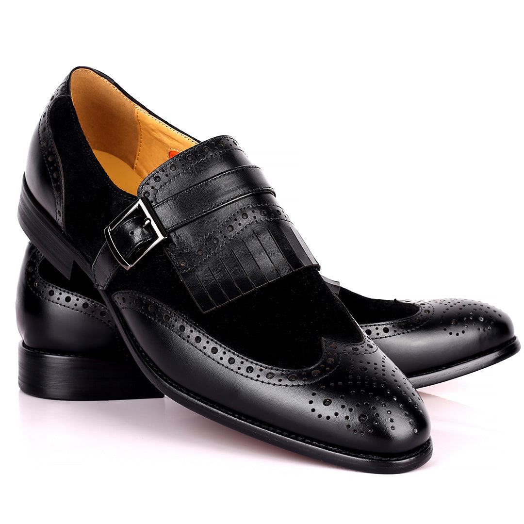 Prad Elegant Fringe Brogue And Suede Designed Leather Shoe - Black - Obeezi.com