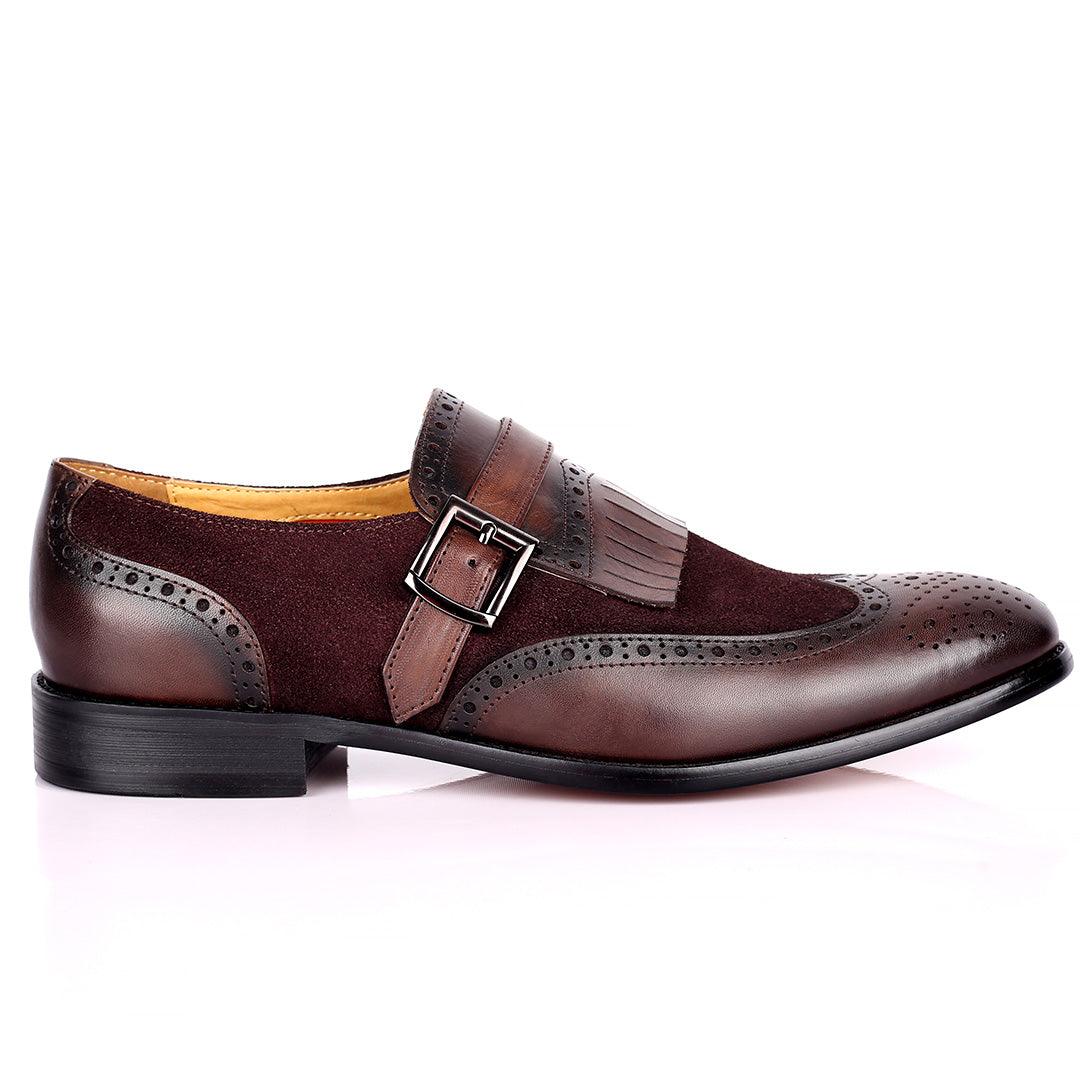 Prad Elegant Fringe Brogue And Suede Designed Leather Shoe - Coffee - Obeezi.com