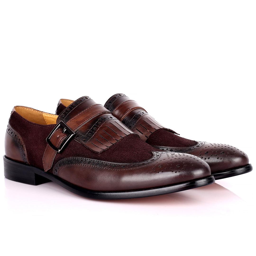 Prad Elegant Fringe Brogue And Suede Designed Leather Shoe - Coffee - Obeezi.com