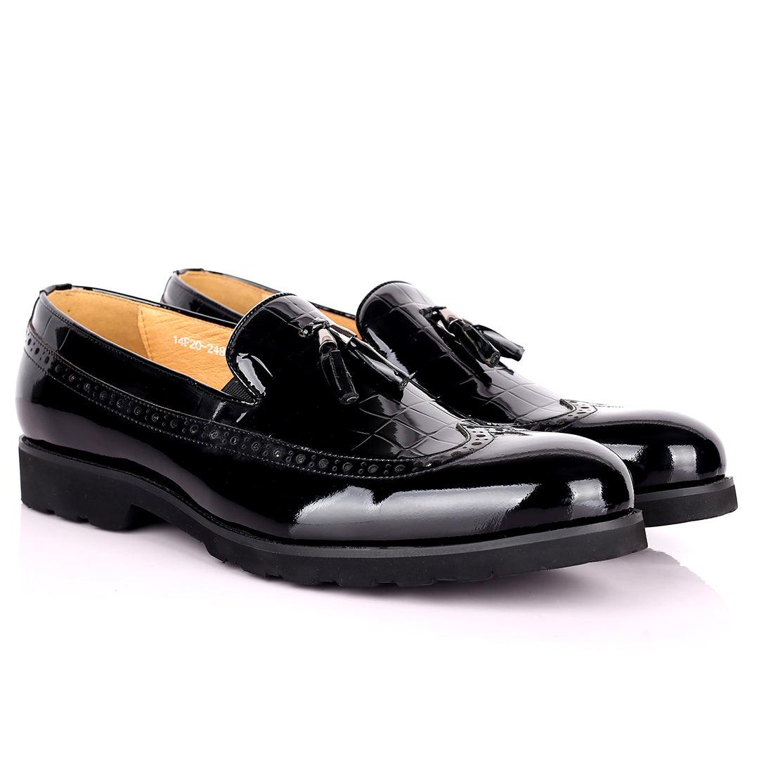 Prad Elegant Side Perforated Glossy Designed Formal Shoe - Black - Obeezi.com